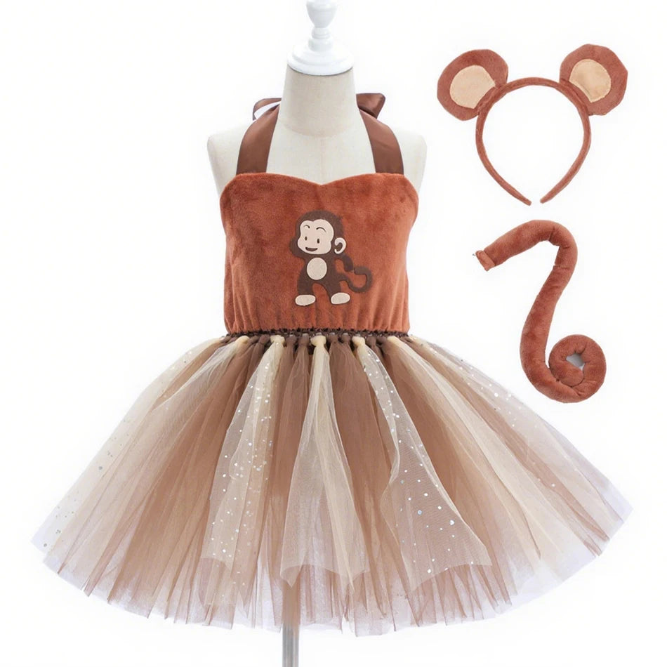 Girl Cartoon Raccoon Sloth Koala Piggy Rabbit Tutu Sling Dress Children Cosplay Festival Performance Dance Costume Headband Sets