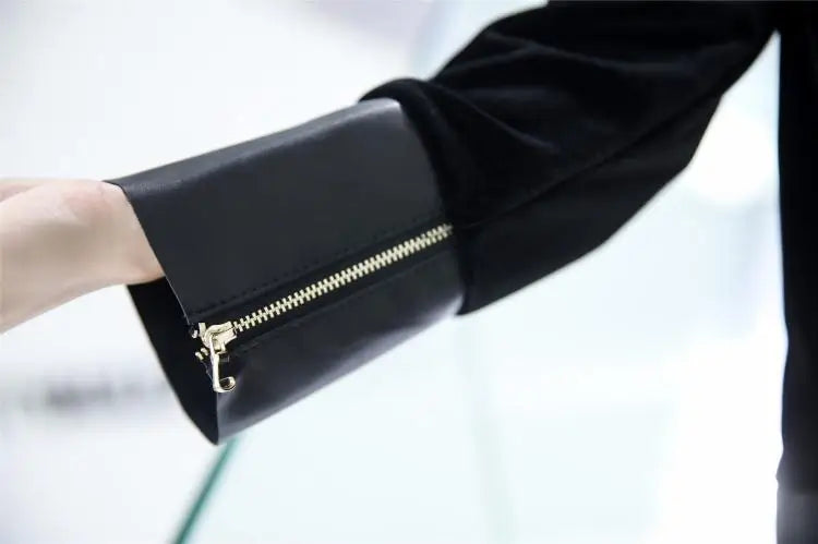 Women Autumn Velvet Patchwork Genuine Leather Tops Stand Collar Loose Fit Coat Office Ladies Casual Outwear Jacket Streetwear