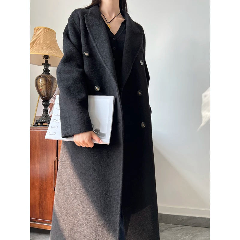 Office Lady Woolen Jackets 2024 Autumn And Winter Suit Collar Double Breasted Warmer Yak Hair Loose Long Women's Wool Coats