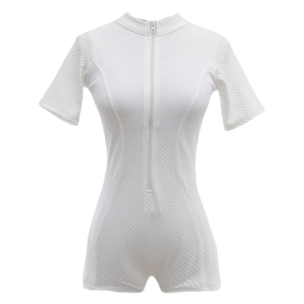 New Fashion Short Sleeve Swimming Suit Solid Half High Collar Bathing Suit Blue High Neck Rash Guard Swimming