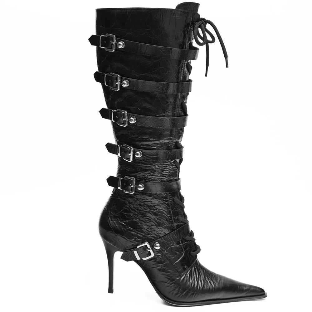 Horsehair Metal Rivet Buckle Betl Long Boots Thick Heel Sexy Pointed Toe Zipper New Arrivals Fashion Women Modern Boots