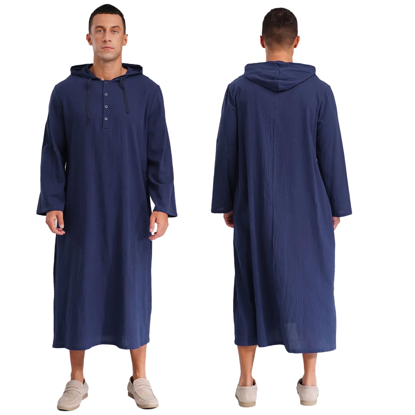 Islamic Kaftan Muslim Jubba Arabic Thobe Men's Clothing Hooded Long Sleeves Pockest Buttons Long Loose Gown Shirt Dresses