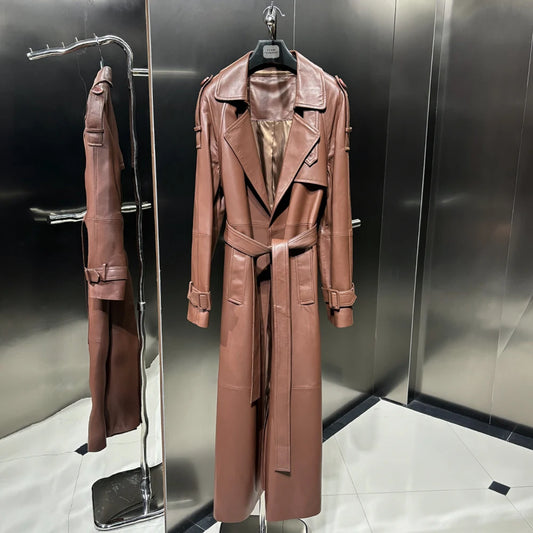 Trench Coat for Ladies Real Sheepskin Coat Genuine Sheep Leather Long Windbreak Autumn Outwear 2024