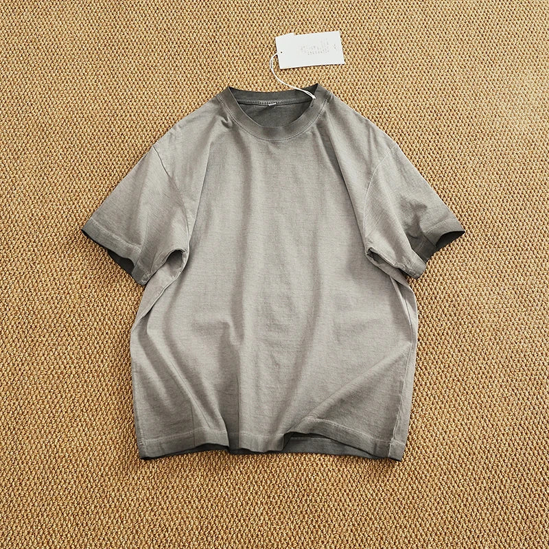 100% cotton made old wash short sleeve T-shirt men's round neck loose drop rotator sleeve solid color half sleeve T