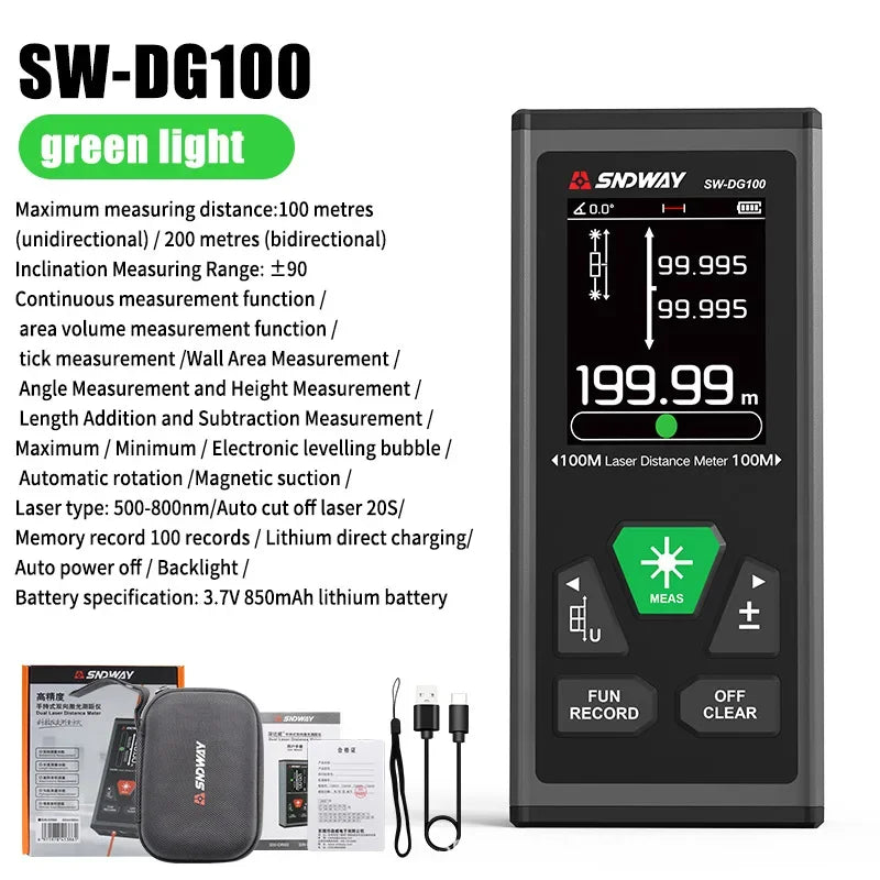 SNDWAY SW-DR60 Dual Laser Distance Meter 60M 100M Bilateral Laser Rangefinder Laser Tape Measure Bidirectional Range Finder