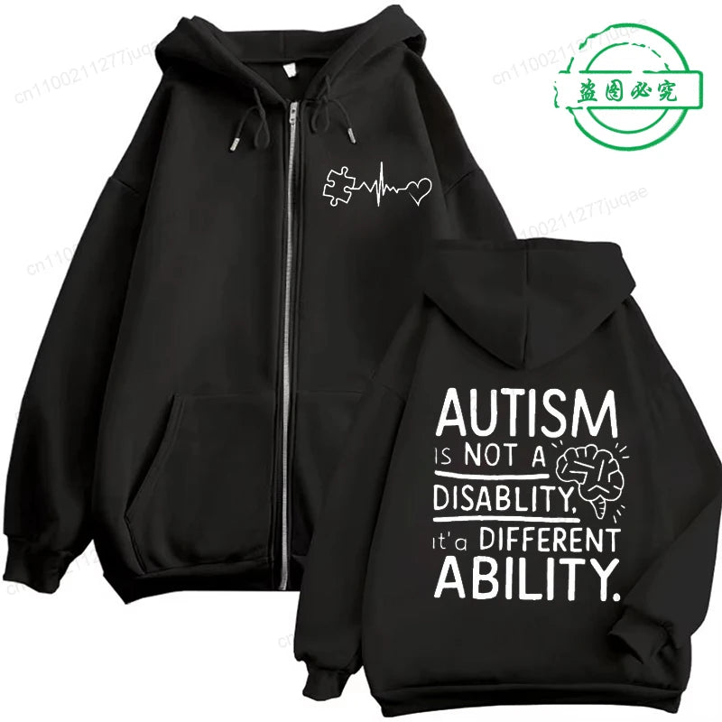 Autism Awareness Hoodie for Men Women, It's Not A Disability It's A Different Ability Zip Up Hoodies, Zipper Tracksuit Jackets