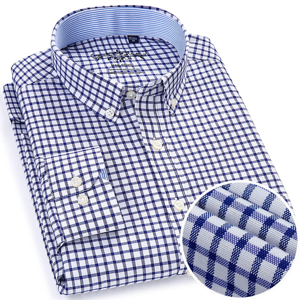 Men's Fashion Long Sleeve Oxford Work Shirt Single Patch Pocket Simple Design Embroidered Regular-fit Casual Button-down Shirts