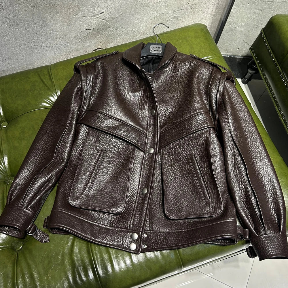 Oversized Brown Grained Letaher Jackets Women Genuine Jacket Sheep Leather Autumn Bomber Leather Jackets
