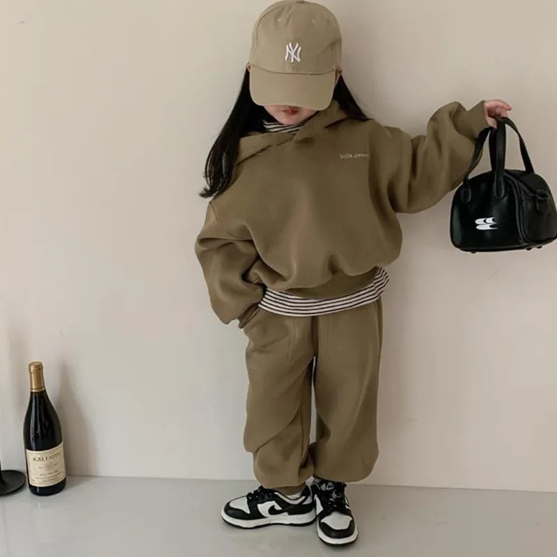 2025 Winter New Children Plus Velvet Thick Clothes Set Boys Girls Fleece Hooded Sweatshirt + Sweat Pants Suit Kids Warm Outfits
