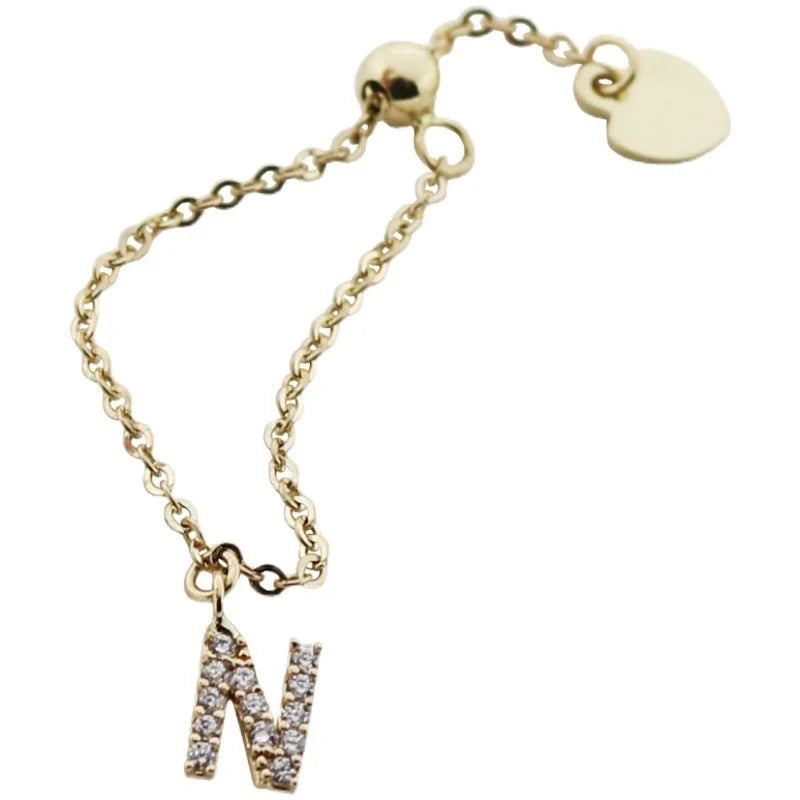 925 Sterling Silver Electroplated 18K Gold Inlaid Zircon Letter Chain Ring for Women Fashionable Simple Adjustable Ring