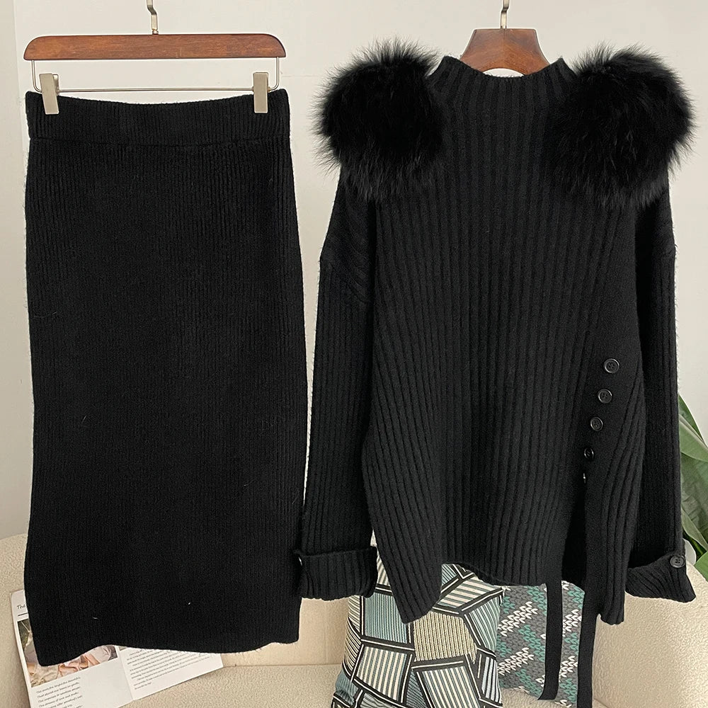 Sweater Set Warm suit Women Winter Knitted Suits two Piece Set Natural fox fur collar Sweater + Loose Trousers Office Lady Suit
