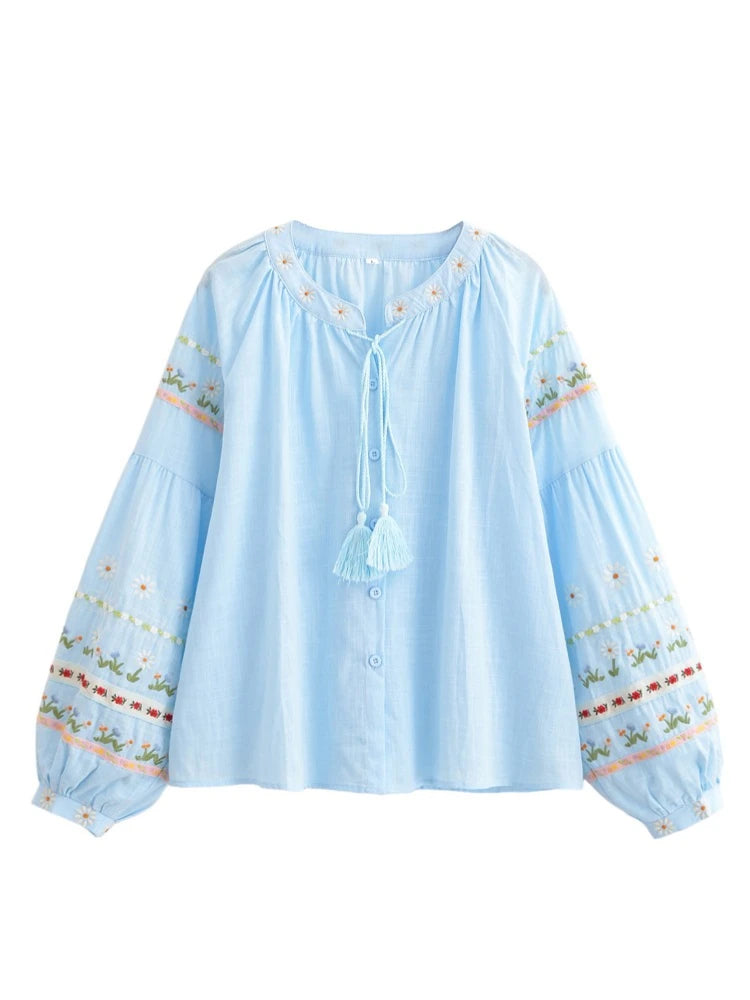 Retro Vintage Fashion Women Floral Embroidery Linen Cotton Beach Bohemian Blouse Shirts Tops Long Sleeve Loose Boho Blusas