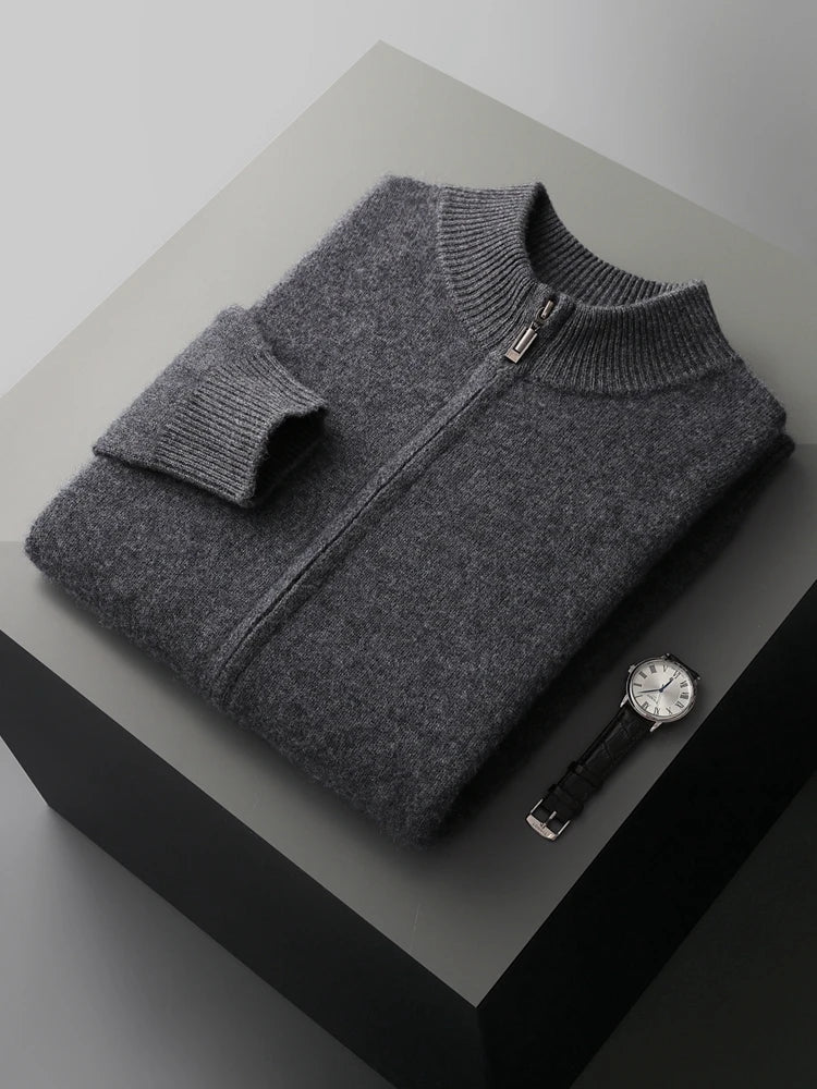 100% Merino Wool Two-piece Suit for Men Autumn Winter Knitting Zipper Cardigan and Slim-fit Pants Warm Thickened Clothing Sets