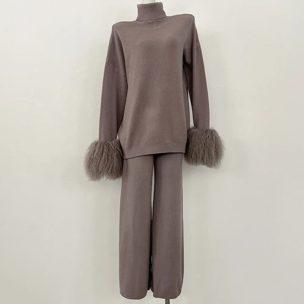 Knitwear Woman Wool & Blend Knitted Pullover and Pants Real Mongolian Sheep Fur Cuffs Sweater Set Real Fur Knitted Suit 2026 New
