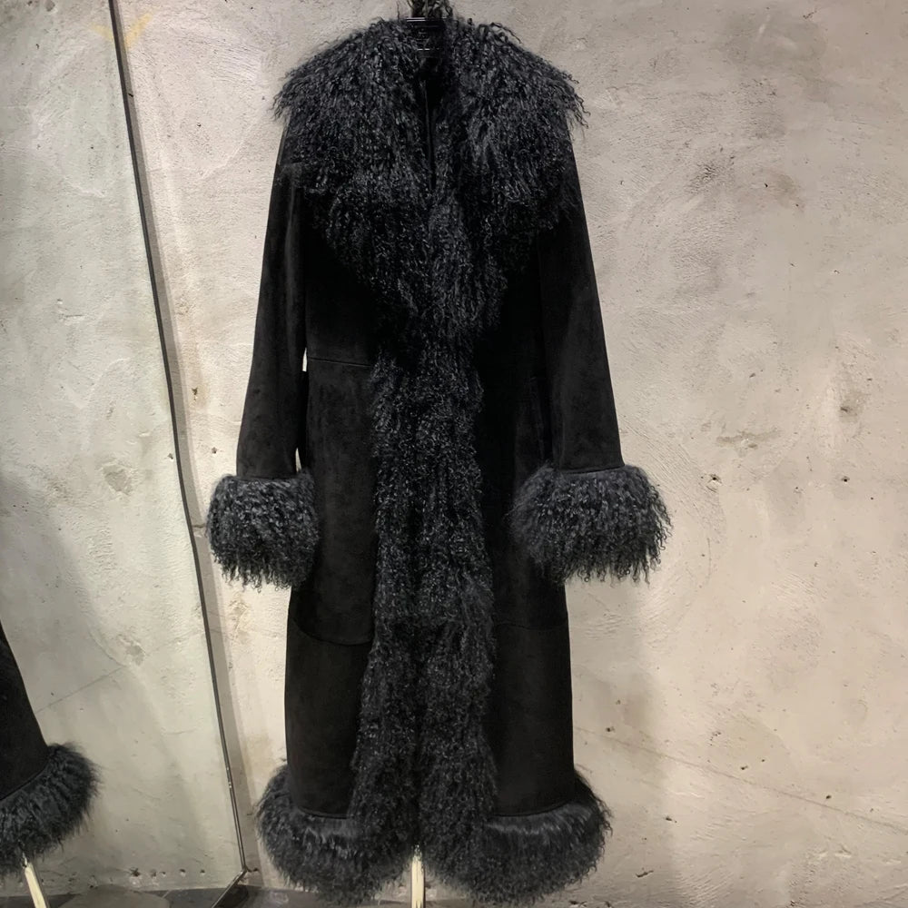 Suede Coat Fur Collar Women Autumn Genuine Sheepskin Coat Long with Mongfolian Fur Trim