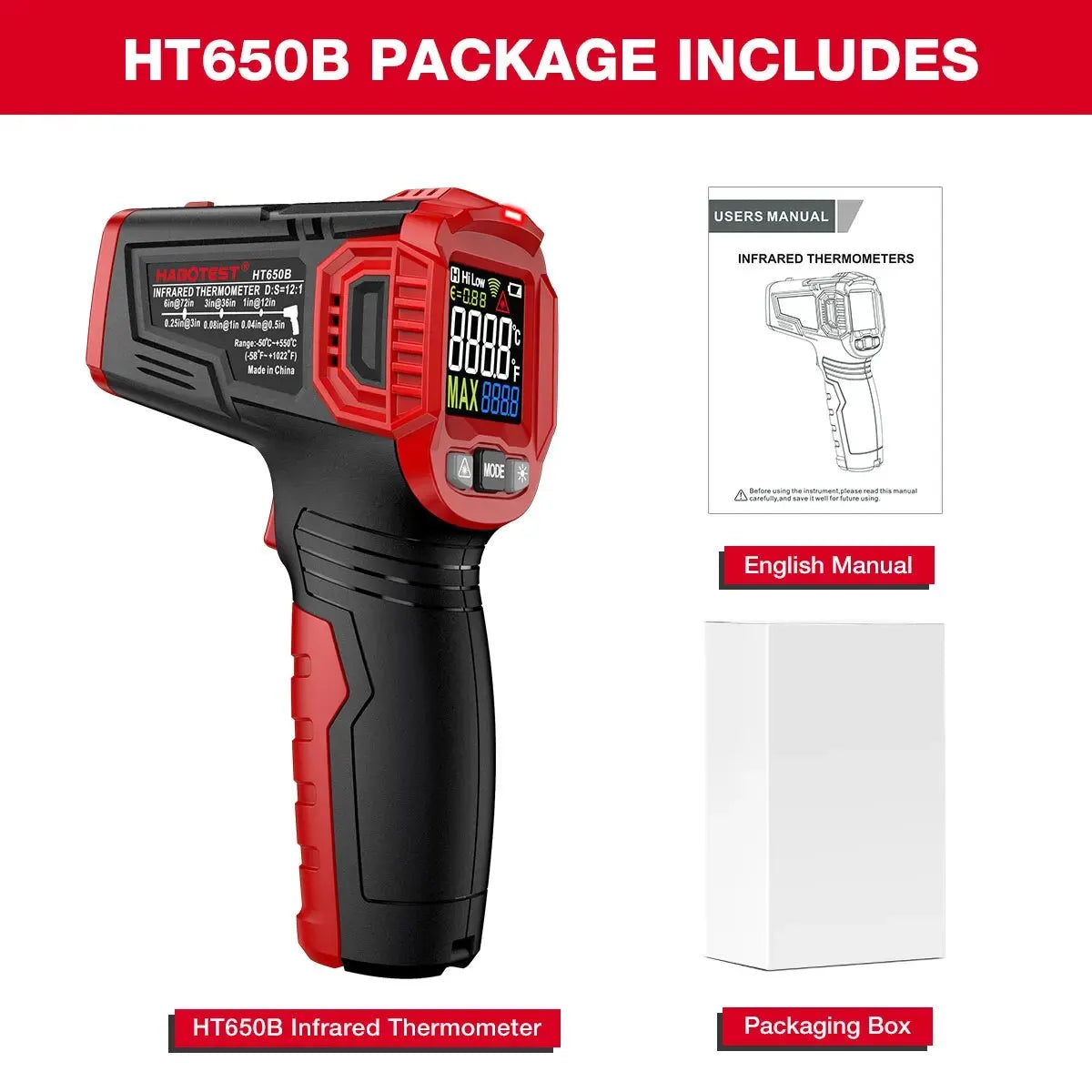 HABOTEST HT650 Digital Infrared Thermometer-50~380/550/800 Laser Non-Contact Pizza BBQ Grill Engine Industry IR Thermometer Gun