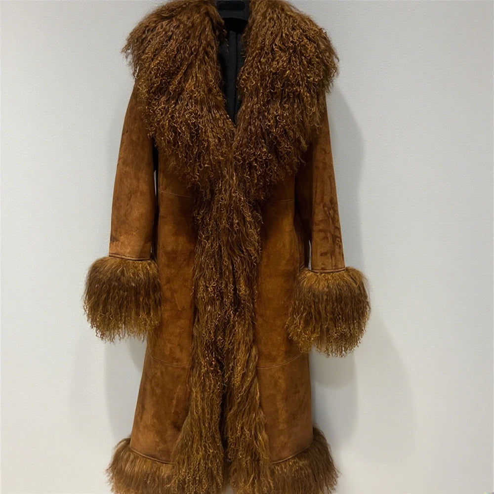 Winter Suede Long Fur Coat Mongolia Long Sheep Fur Collar New Arrival Camel Fur Jacket