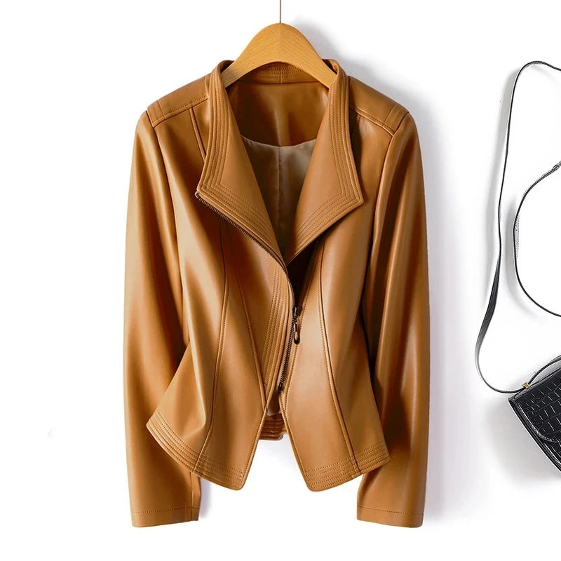Genuine Leather Women's Short Slim Sheepskin 2026 Spring Autumn Leather Jacket New Long Sleeve Suit Collar Zipper Little Coat
