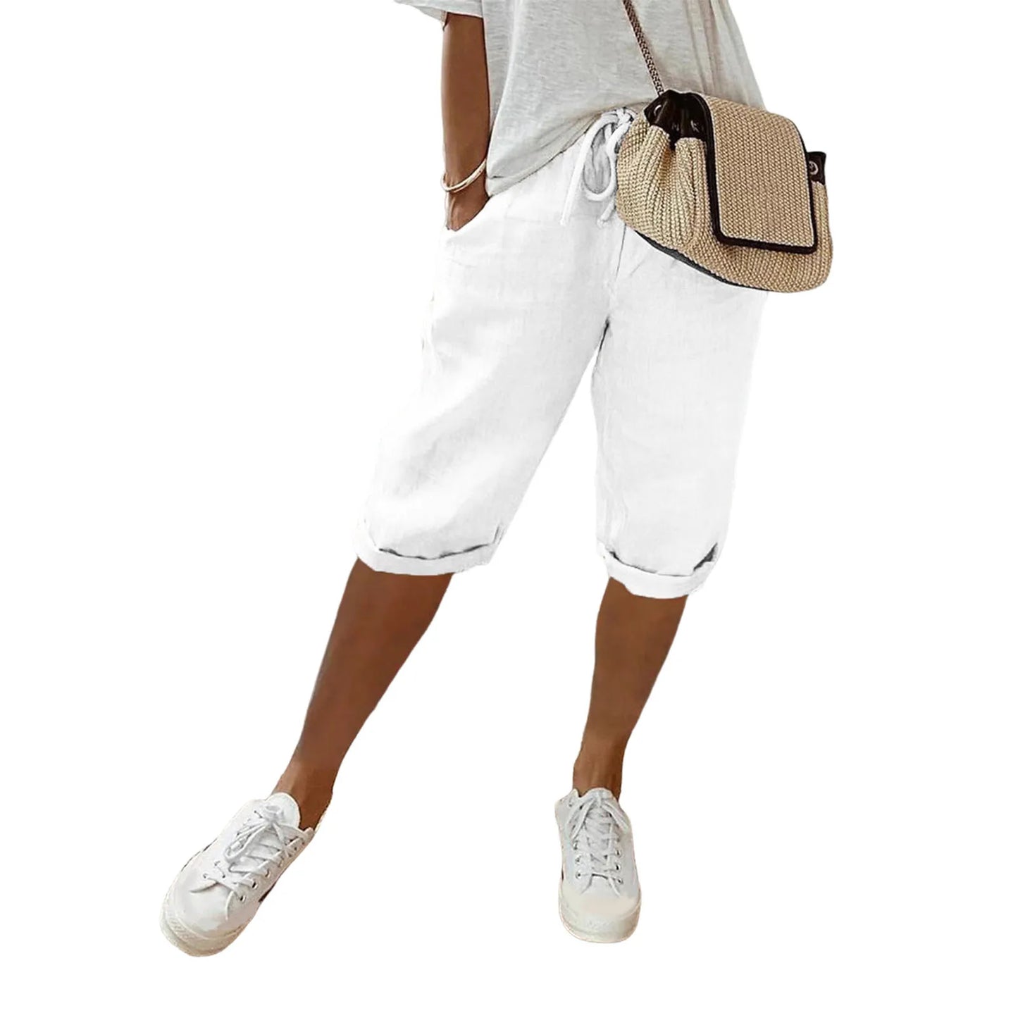 Spring Summer Women's Cotton Linen Trousers Pants Solid Elastic Waist Oversized Pants Women Straight White Homewear Trousers 3XL