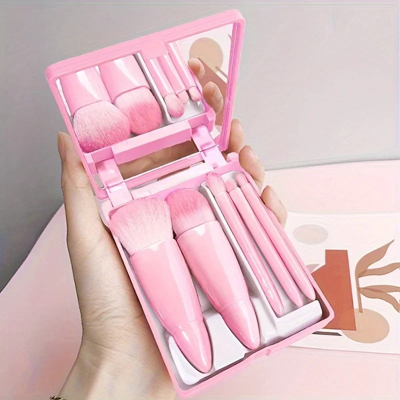 5Pcs Portable Makeup Brush Set With Mirror - Foldable Travel Kit, Mini Makeup Brush Set Travel Makeup Brush Set