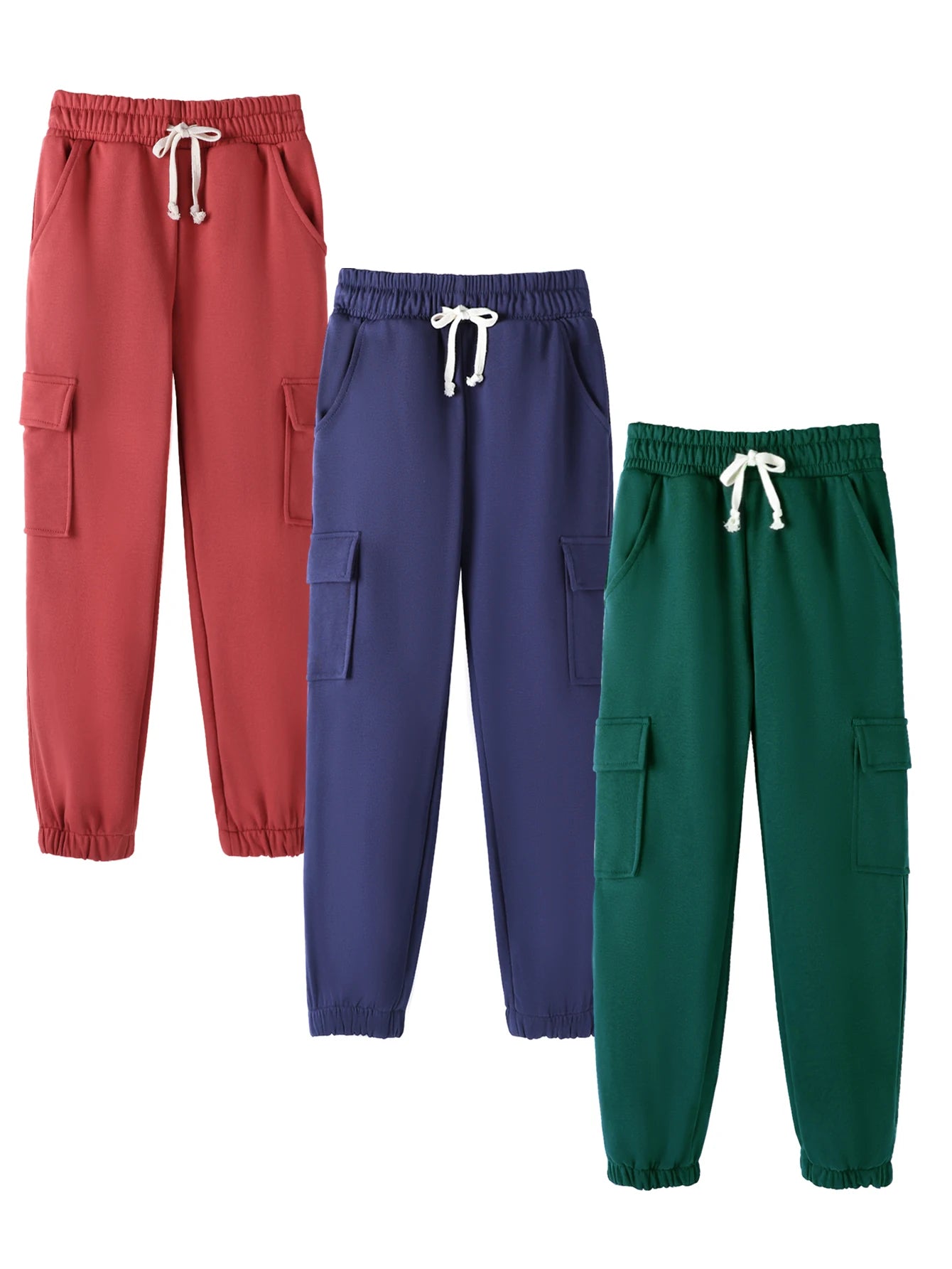 Three piece set of boys' pants with red, green, blue drawstring, large pocket, outdoor casual workwear, sanitary pants