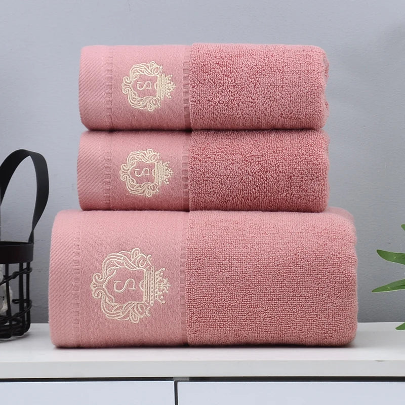 Inyahome Set of 3 Bathroom Cotton Towels Set Embroidered Luxury 2 Hand Towels 35x75cm and Big Bath Towels 70x140cm Washcloth