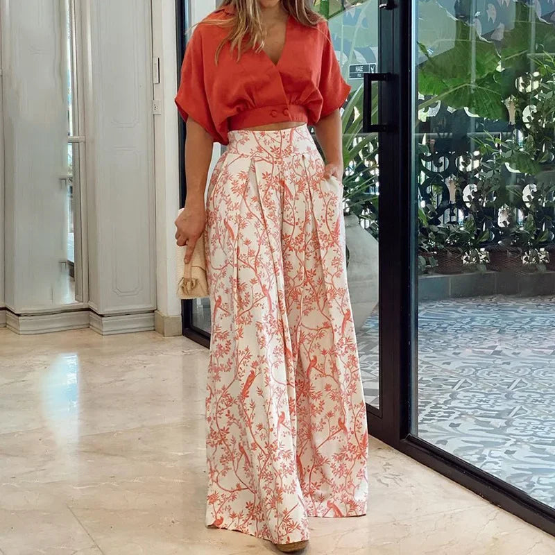 Pant Sets Summer New Bat Sleeve Print Shirt & Wide Leg Pants Two Piece Set for Women Fashion Women's Suit Chic and Elegant Set
