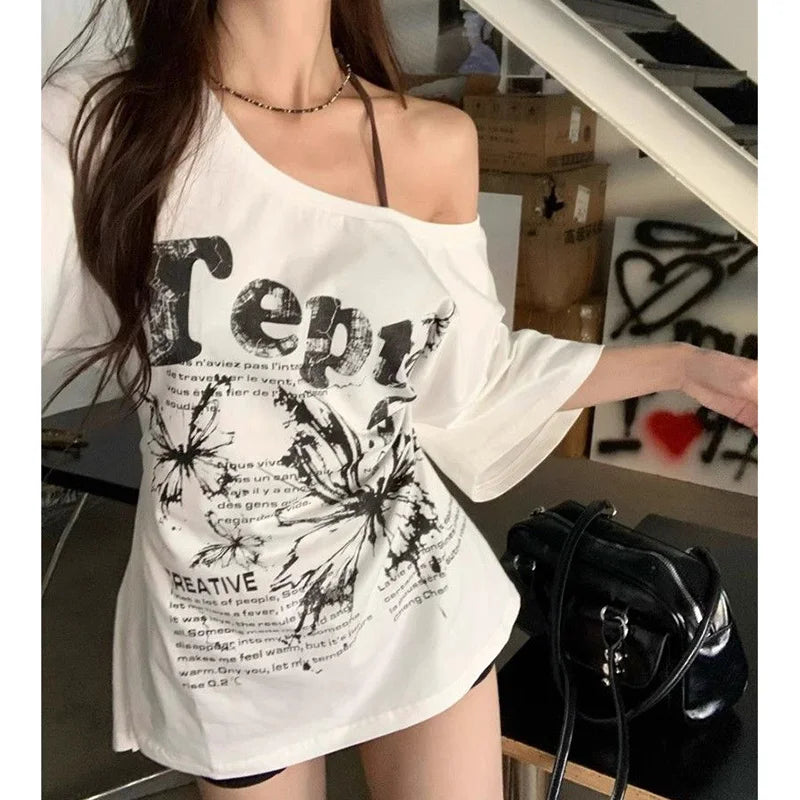 Summer Lady T-shirts Chic Streetwear T-shirts Female Baggy Casual Daily Tops Women Letter Printed Off Shoulder Clothes
