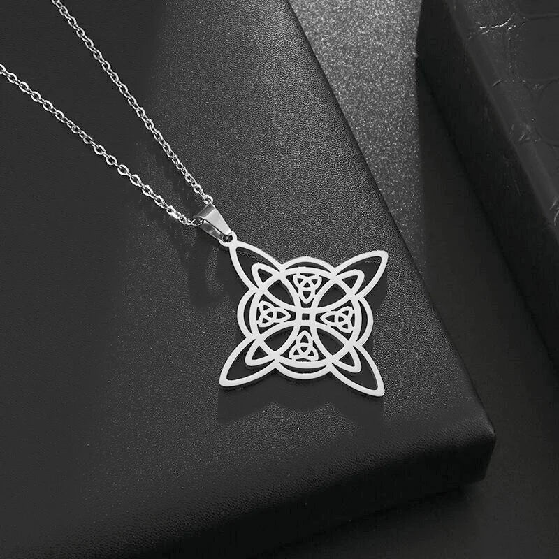Popular fashion, stylish, personalized, trendy necklace with a witch’s knot, Celtic triangle, double-layered pendant.