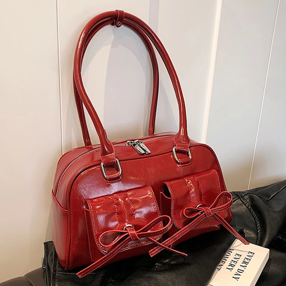 Women Trendy Handbags Double Pockets PU Leather Fashion Shoulder Bag with Bow Stylish Underarm Bag Solid Color for Outdoor Party