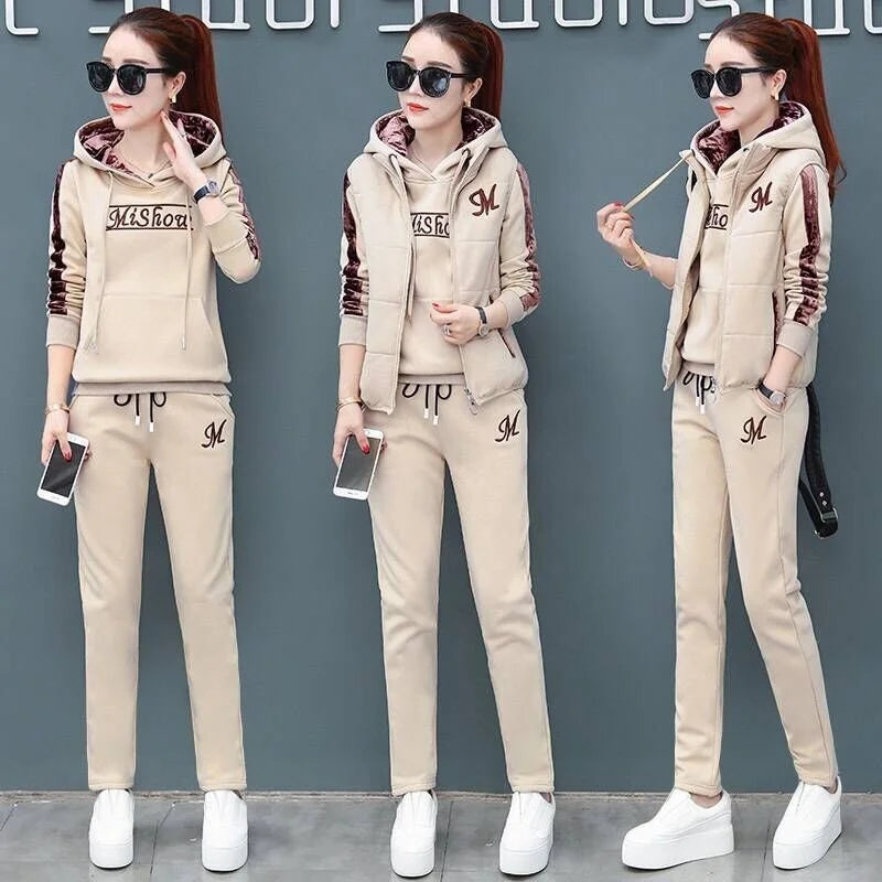 Women's Casual Sweat Suit 2025 Autumn Winter New Fashion Plush Thickened Hooded Tops Waistcoat Pants 3 Three Piece Set For Women