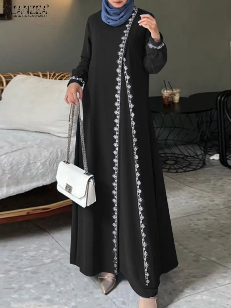 Autumn Lace Crochet Maxi Dress ZANZEA Muslim Turkey Abaya Elegant Loose Vestidos Women Long Sleeve O Neck IsIamic Robe Kaftan