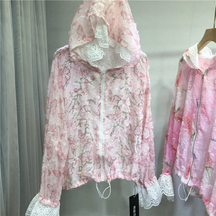 Women Hot Drilling Diamonds Beaded Sunscreen Hoodies Shirts Coat Strawberry Butterfly Lace Spliced Blouses Zipper Cardigan Tops