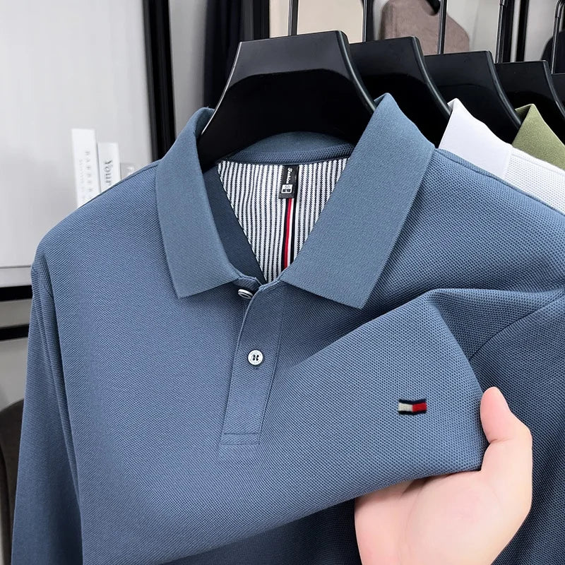 100% pure cotton autumn and winter high-end men's POLO shirt fashion brand embroidery business casual lapel long sleeved shirt
