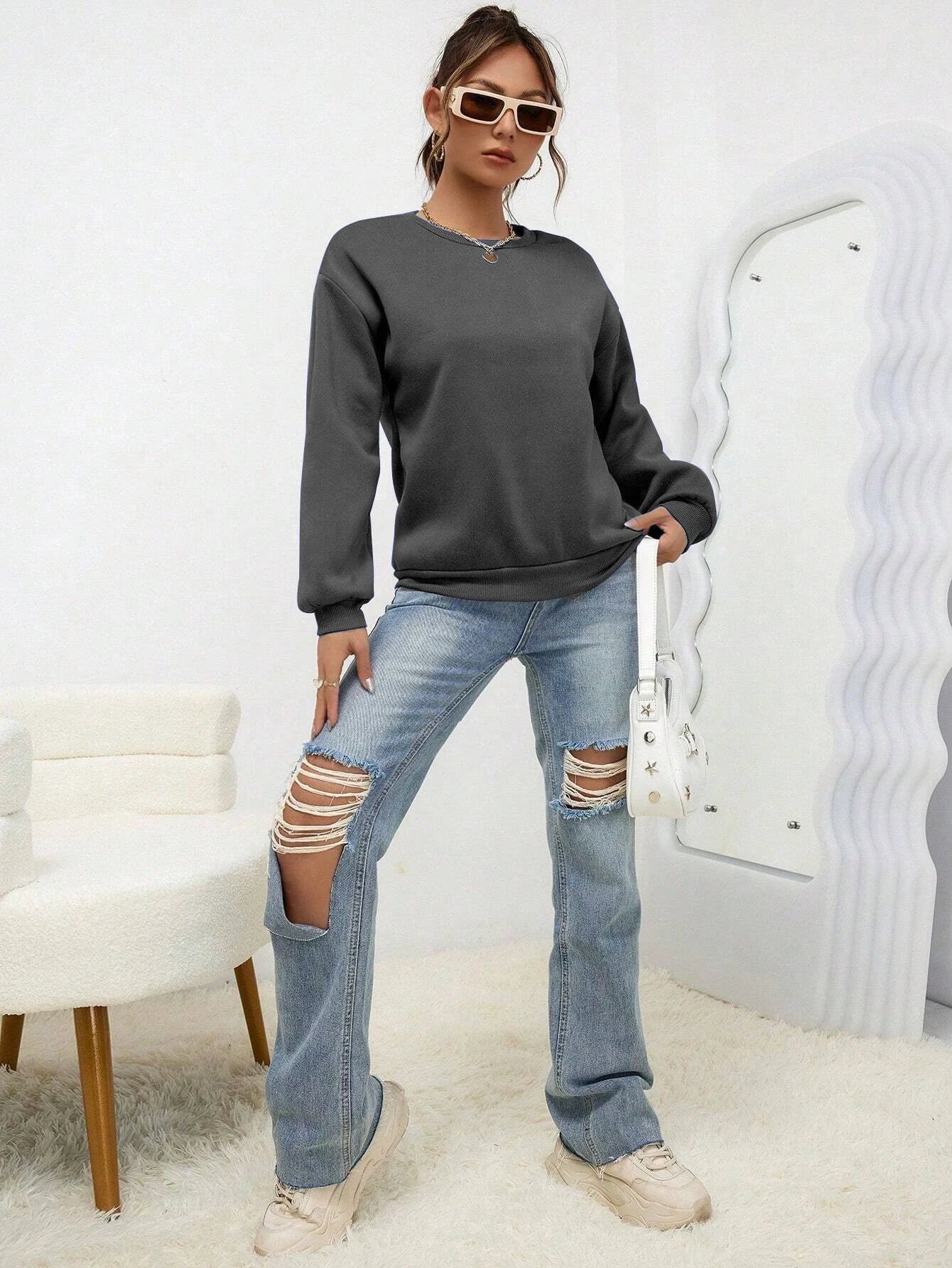 Woman Sweatshirt Casual Solid Color All-Match Clothing Loose Fashionable Pullovers Autumn Crewneck Warm Female Hoodies