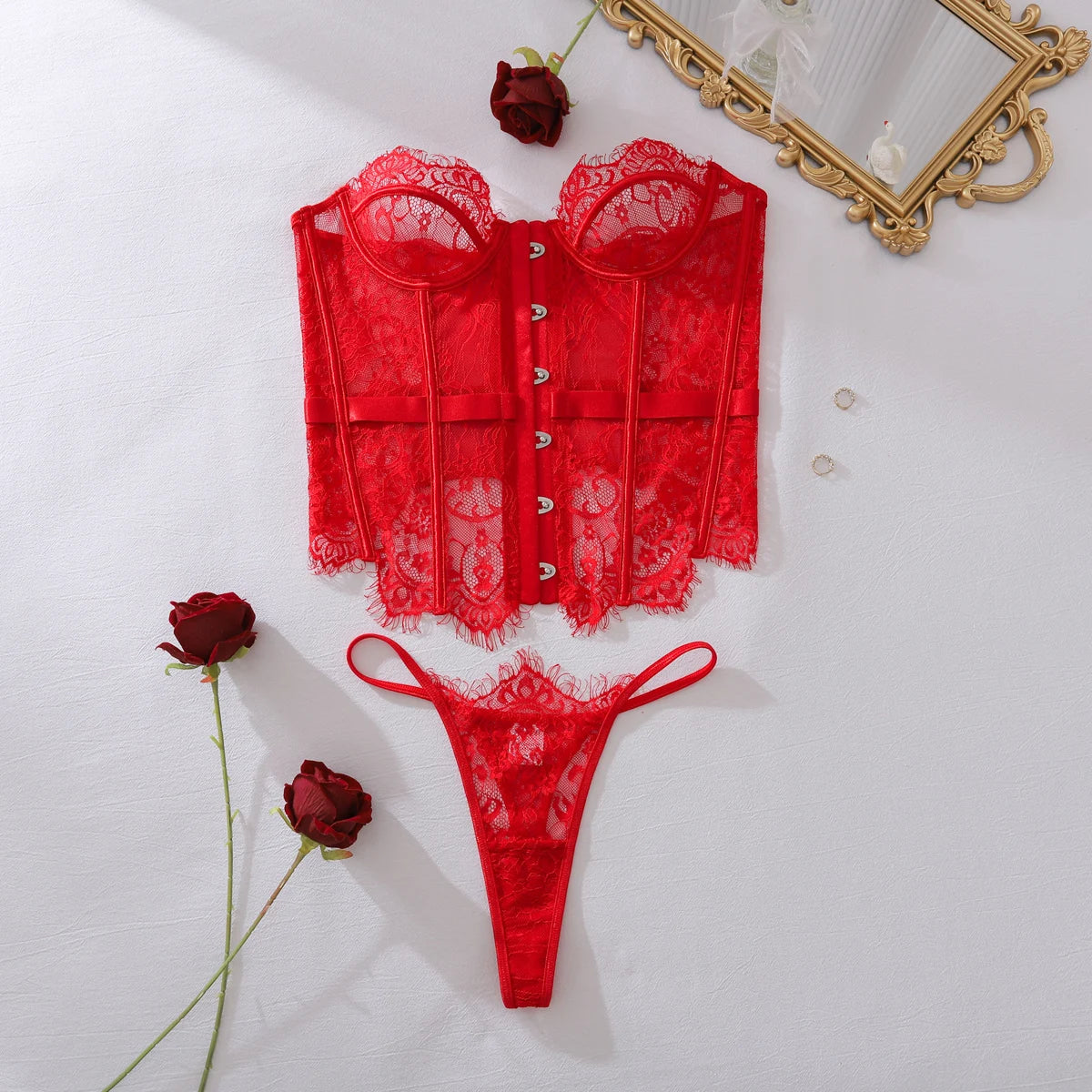 Ellolace Sexy Lingerie For Women Palace Sensual Corset Hilitos 2PC Set Sheer Strapless Lace Slim Clubwear Call Of The Night