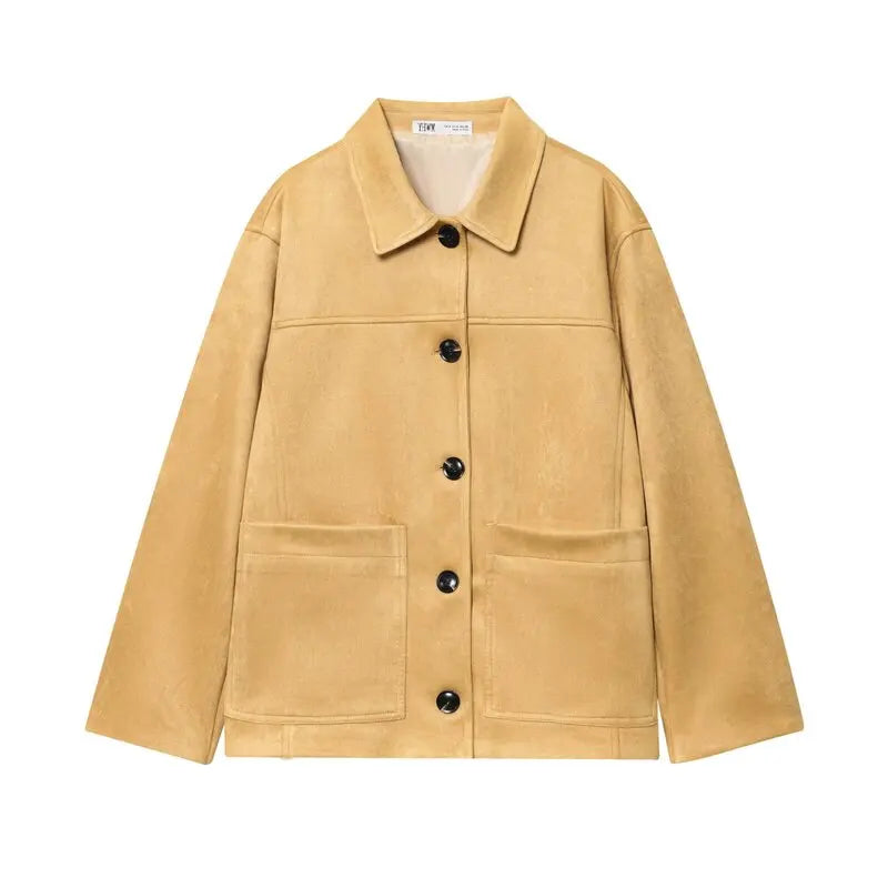 Women's Loose Long Sve Faux Leather Jaet Autumn New Arrival Versatile Outerwear Warmth Faion Sle Button Closure