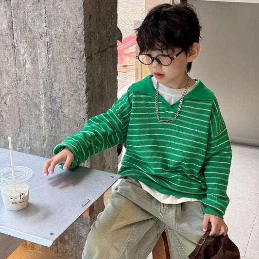 T-Shirt Sweatshirt Striped Knitted Shirt Blouses Tops Kids Clothing 2025 Autumn New Children Korean Casual Boys Fashion Trend