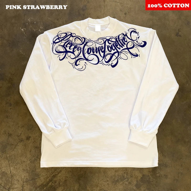 100% Cotton White Long Sleeves T-shirt Men 2025 Autumn New American Retro Street Oversize T-shirt Casual Y2k Top Men clothing