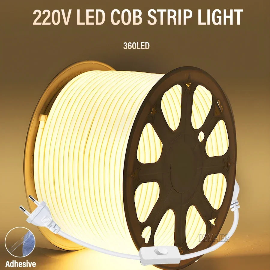led Strip Brightness Waterproof COB LED Strip 220V Flexible Ribbon for Room Bedroom360 LEDS/m Kitchen Outdoor Garden Lighting