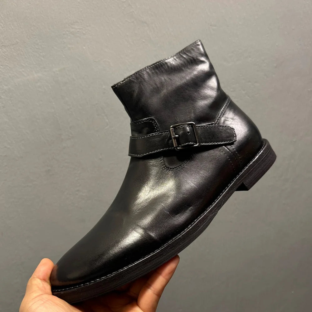 Handmade horsehide casual ankle boots Chelsea boots for men genuine leather sole adjustable strap decoration zip business style