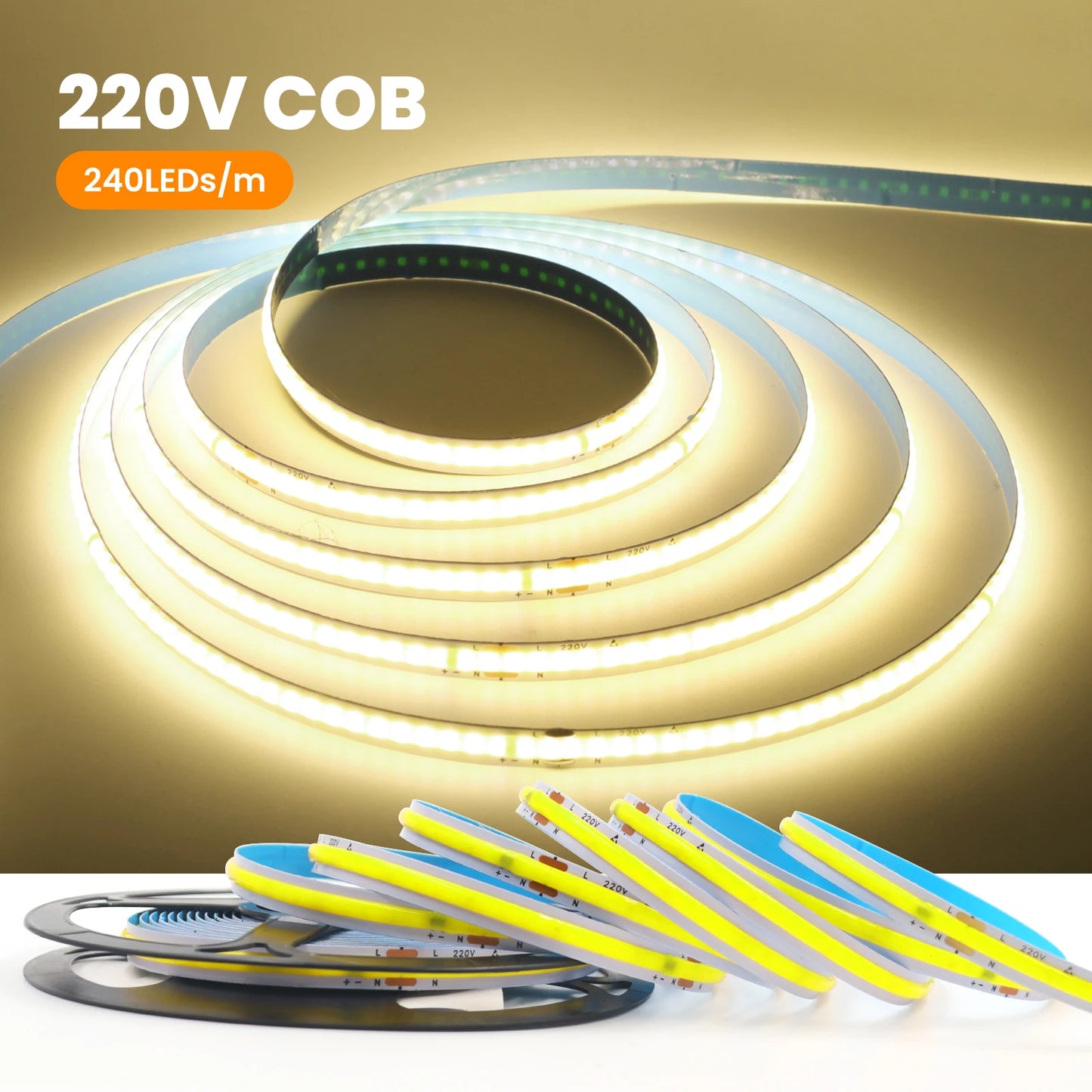 AC 220V COB Strip 240Leds/M 5M 10M 20M 50M/Roll Red/Green/Ice Blue/Pink/White/Purple Flexible Ribbon LED Light For Home Decor