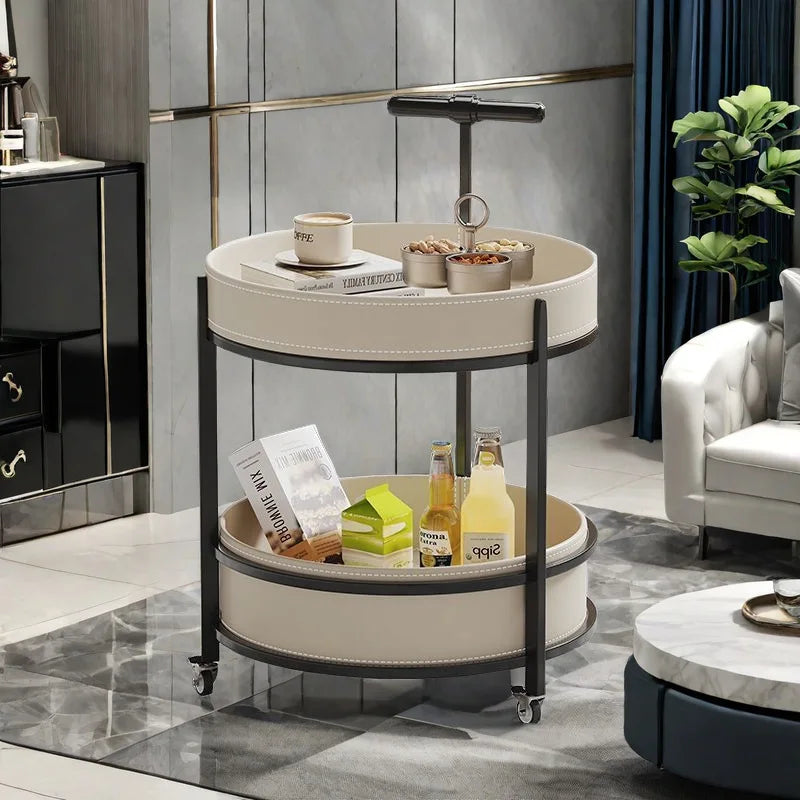2026 New Light Luxury Sofa Side Table Movable Hotel Room Saddle Leather Trolley Home Bedroom Storage Bedside Small Coffee Table