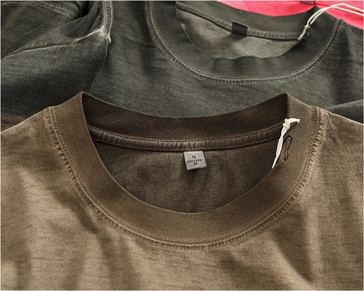 100% cotton made old wash short sleeve T-shirt men's round neck loose drop rotator sleeve solid color half sleeve T