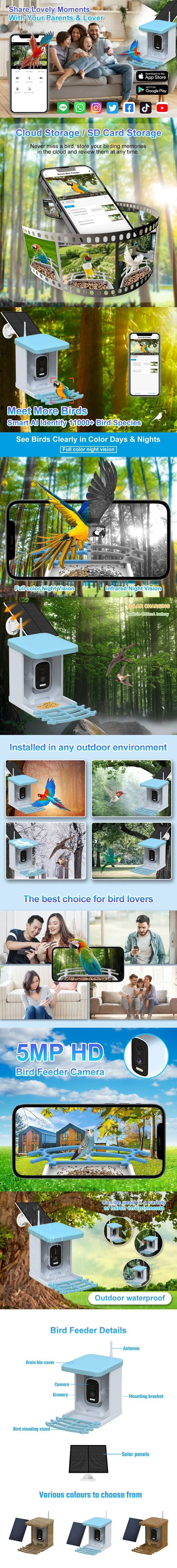 Smart Bird Feeder with Camera Solar Powered LifeNest Wireless Outdoor 4MP HD Auto Capture Videos Hummingbird Real Time Views