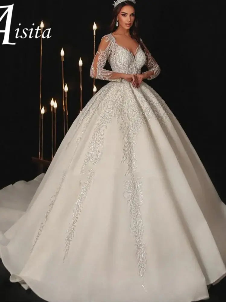 Modern Wedding Dresses Sweethear6t Bridal Gowns Lace Appliques Full Sleeves Floor Length Robes Vestidos De Novia Customized
