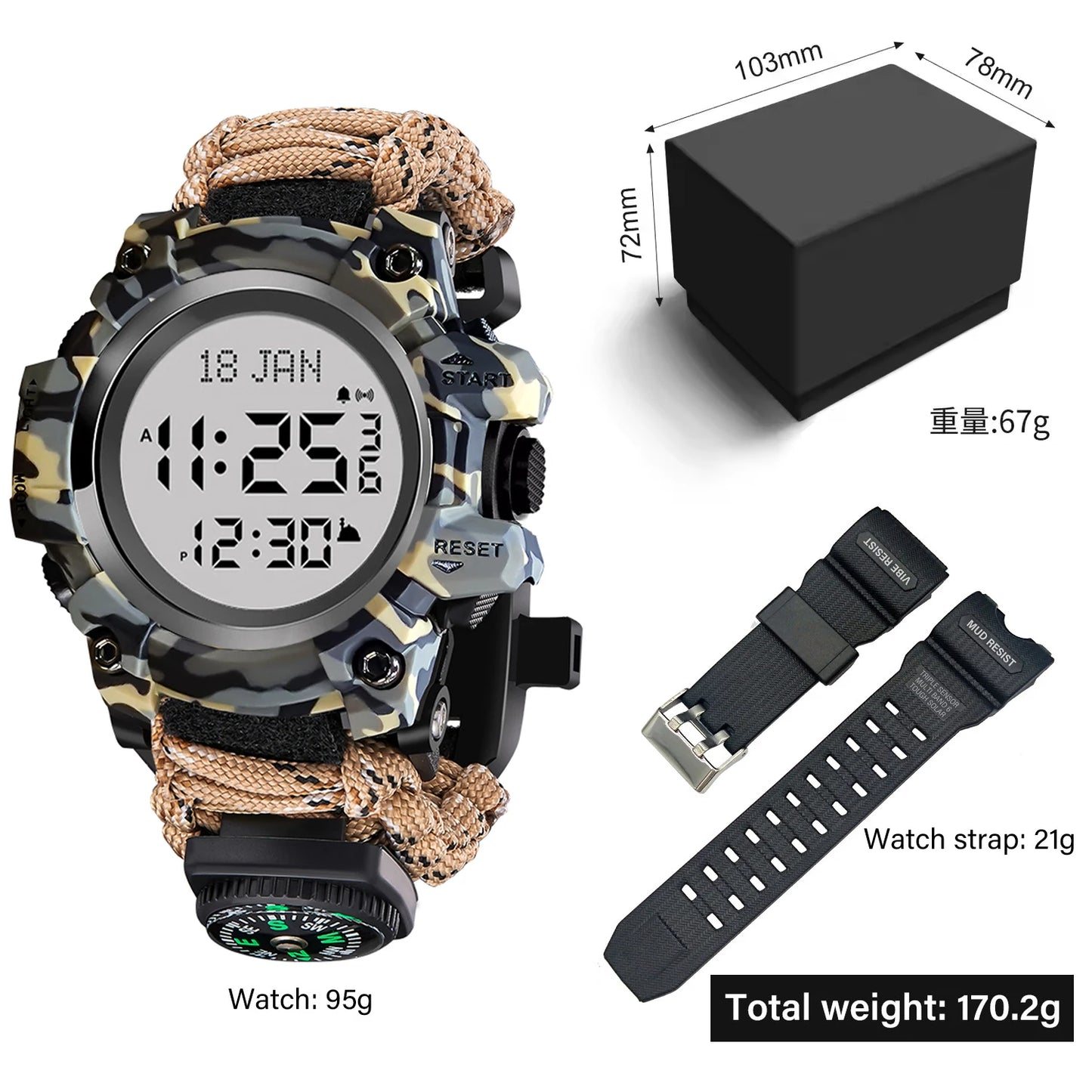 Islamic Prayer Watch Men Azan Watch Compass Multifunctional Digital Wristwatch Luminous Waterproof Outdoor Survival Watch