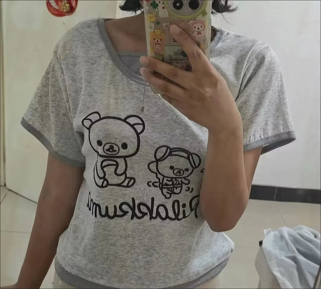 Women's Kawaii Fake Two T-shirts Japanese Retro Subculture Grey Tshirt Popular Y2k Cartoon Print Tees Female Harajuku Sweet Top
