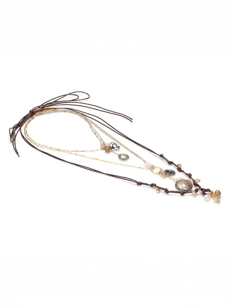 Stylish Women's Bohemian Necklace with Round Coin Badge Pendant; Multi-layer Rope Chain Party Accessory.