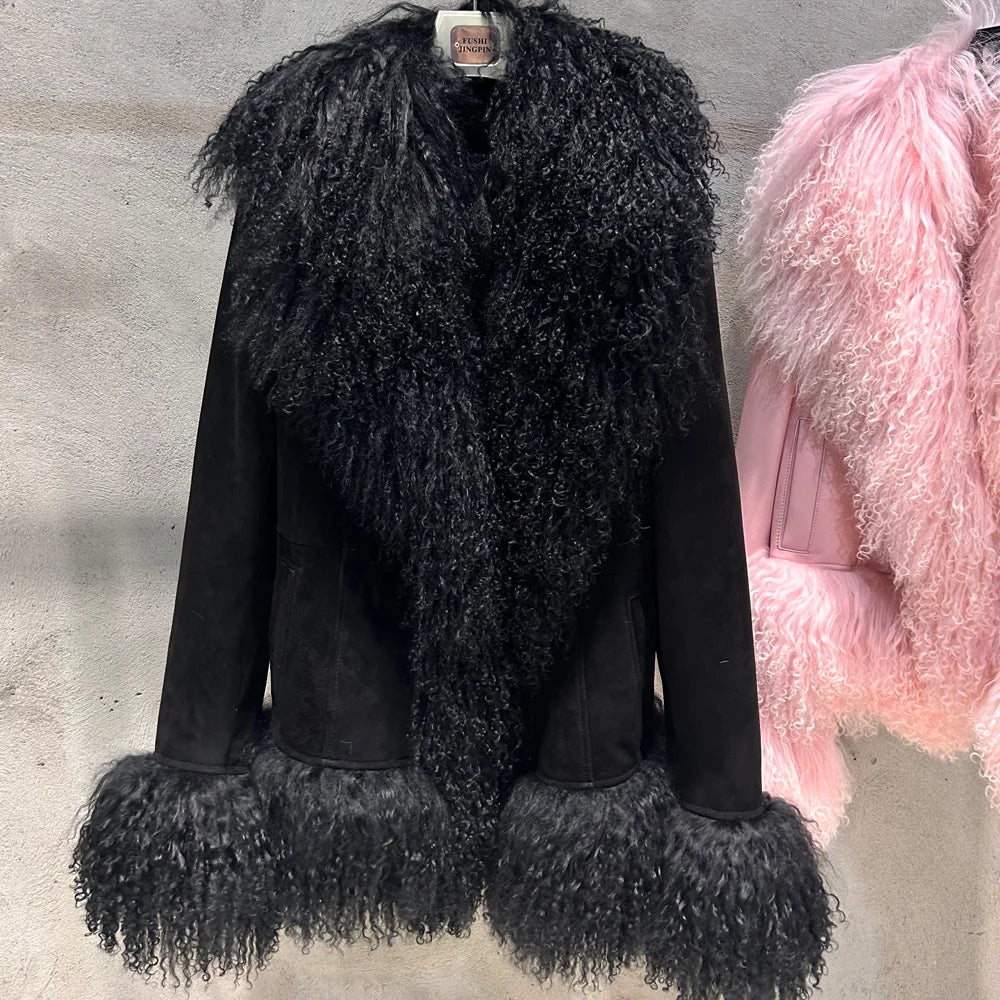 Black Suede Mongolian Sheep Fur Coat Women Fur Jacket with Long Sleeve New arrival Winter Real Fur Coat